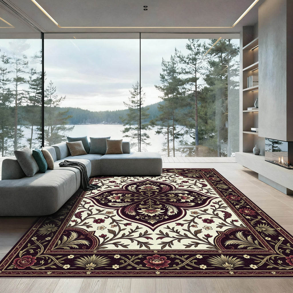 Elegant Floral Medallion with Maroon Vines Rug