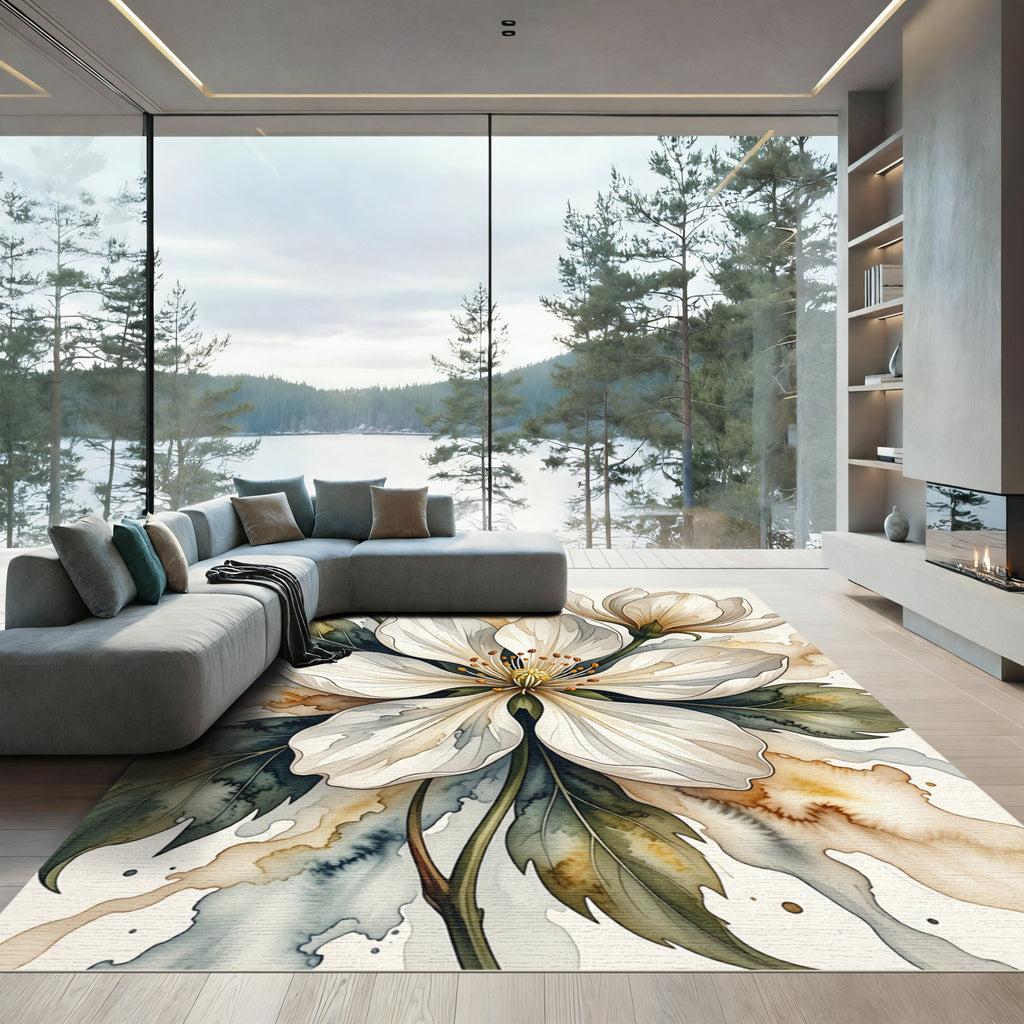 Watercolor White Blossom Floral Botanical Rug