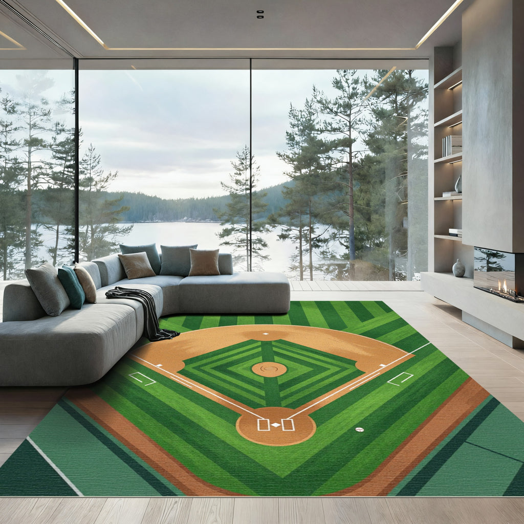 Modern Minimalist Green Baseball Field Rug