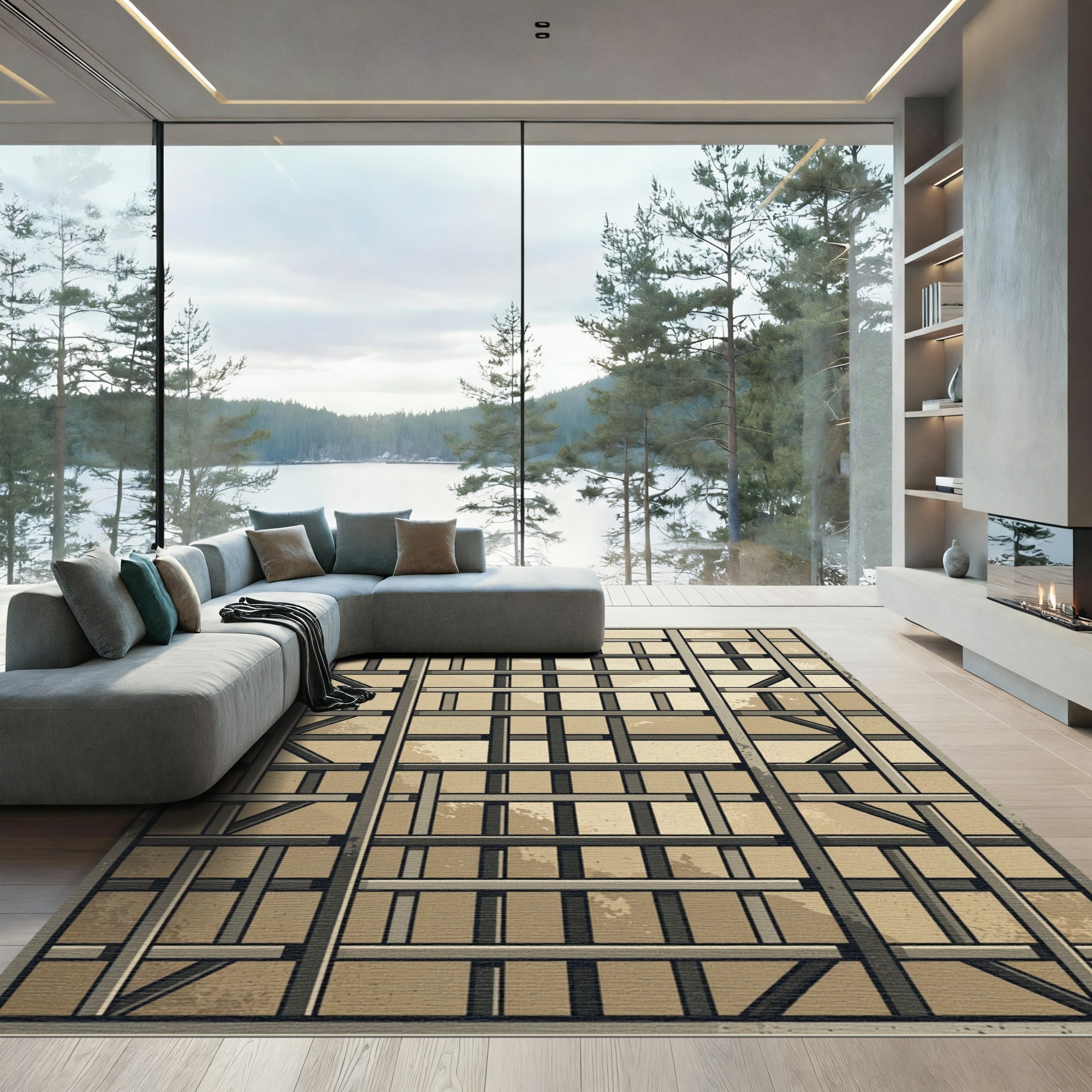 Tan Beige Abstract Grid Composition Rug