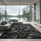 Ornate Black Fern Flowers Vines Rug