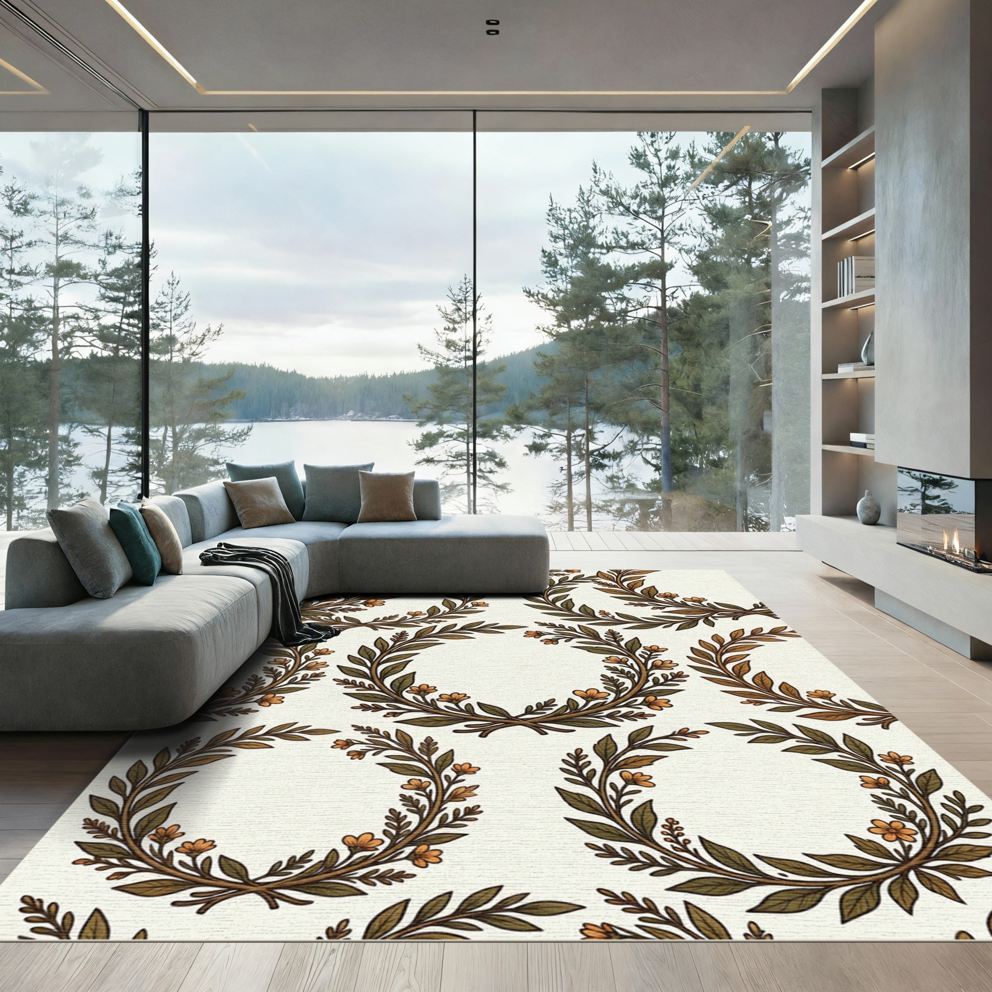 Earthy Green Orange Floral Wreath Rug