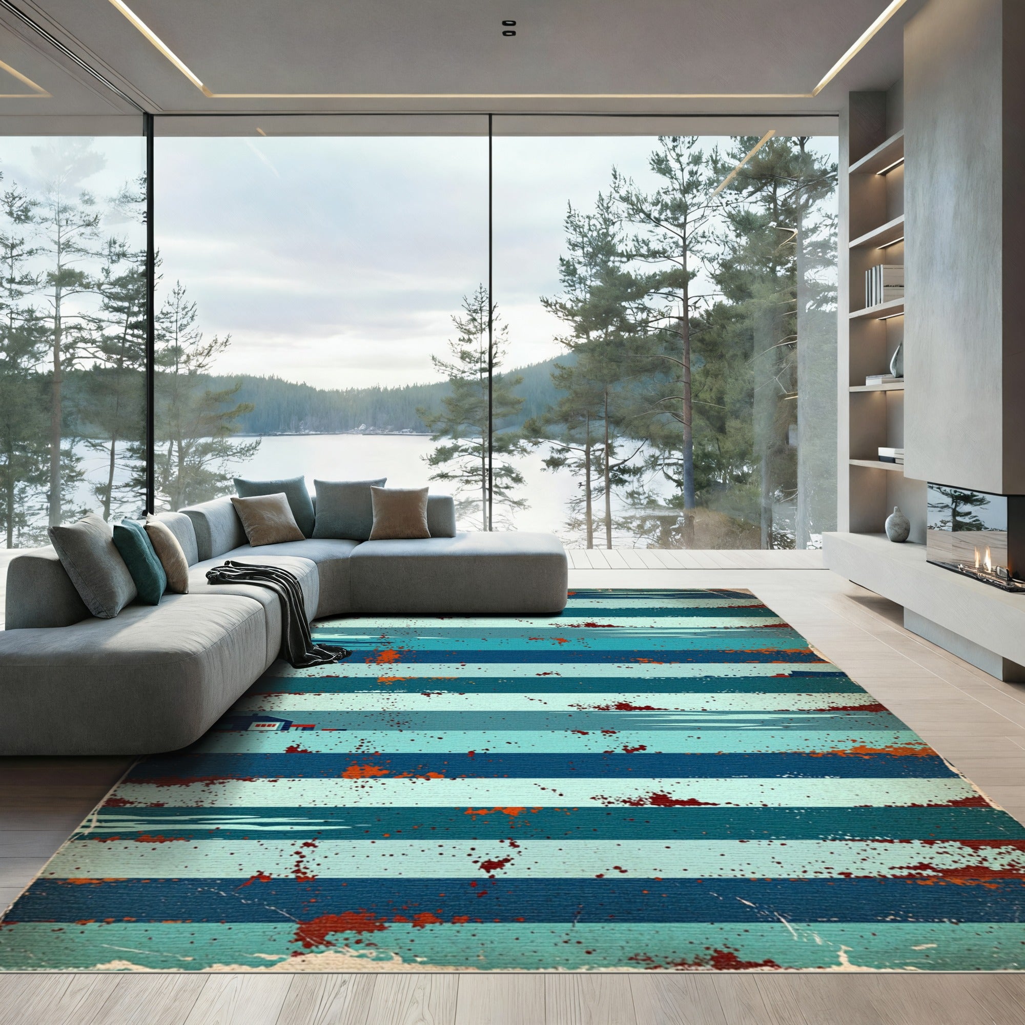 Coastal Blue Striped Splatter Rug