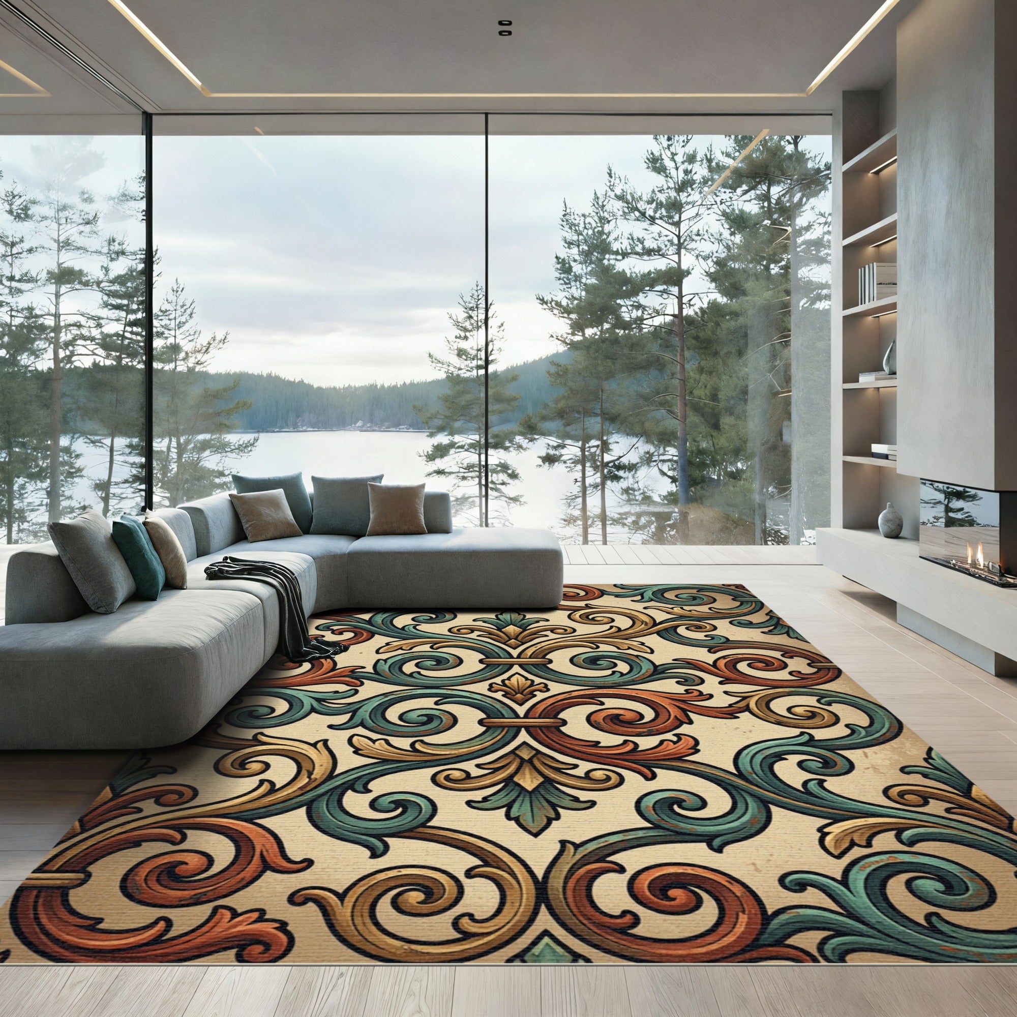 Vintage Teal And Ochre Ornate Scroll Rug