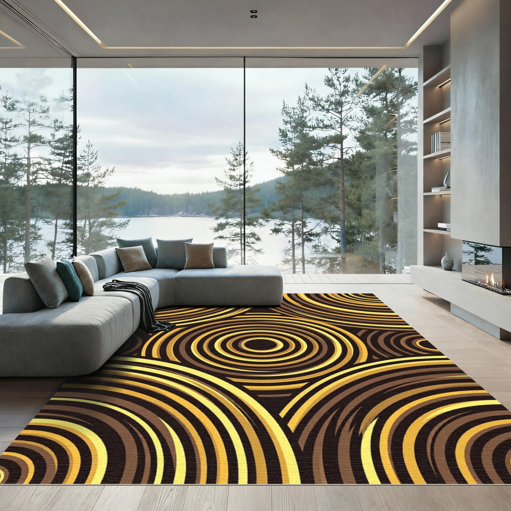 Golden Brown Concentric Circles Rug