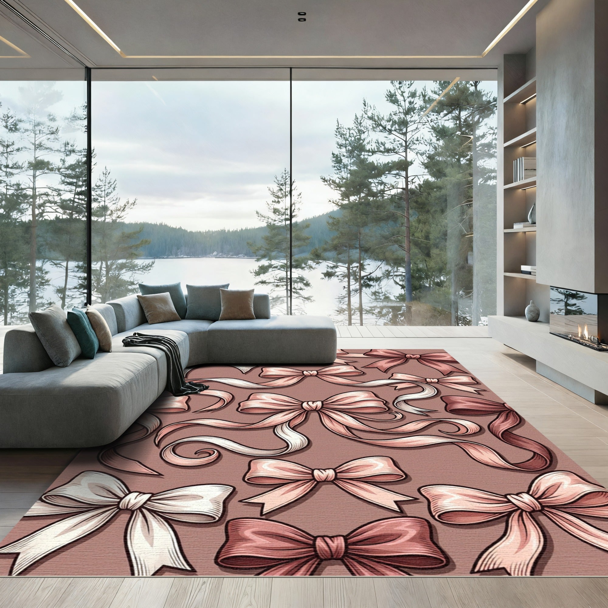 Elegant Blush Satin Ribbon Bows Rug