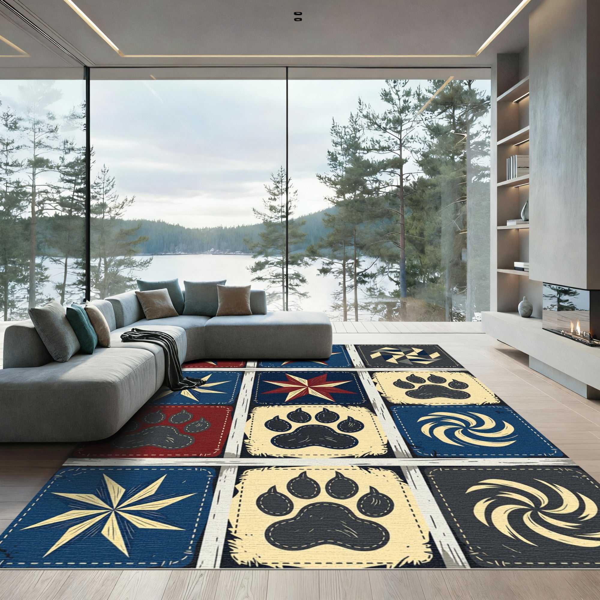 Rustic Americana Patchwork Star Bear Paw Rug
