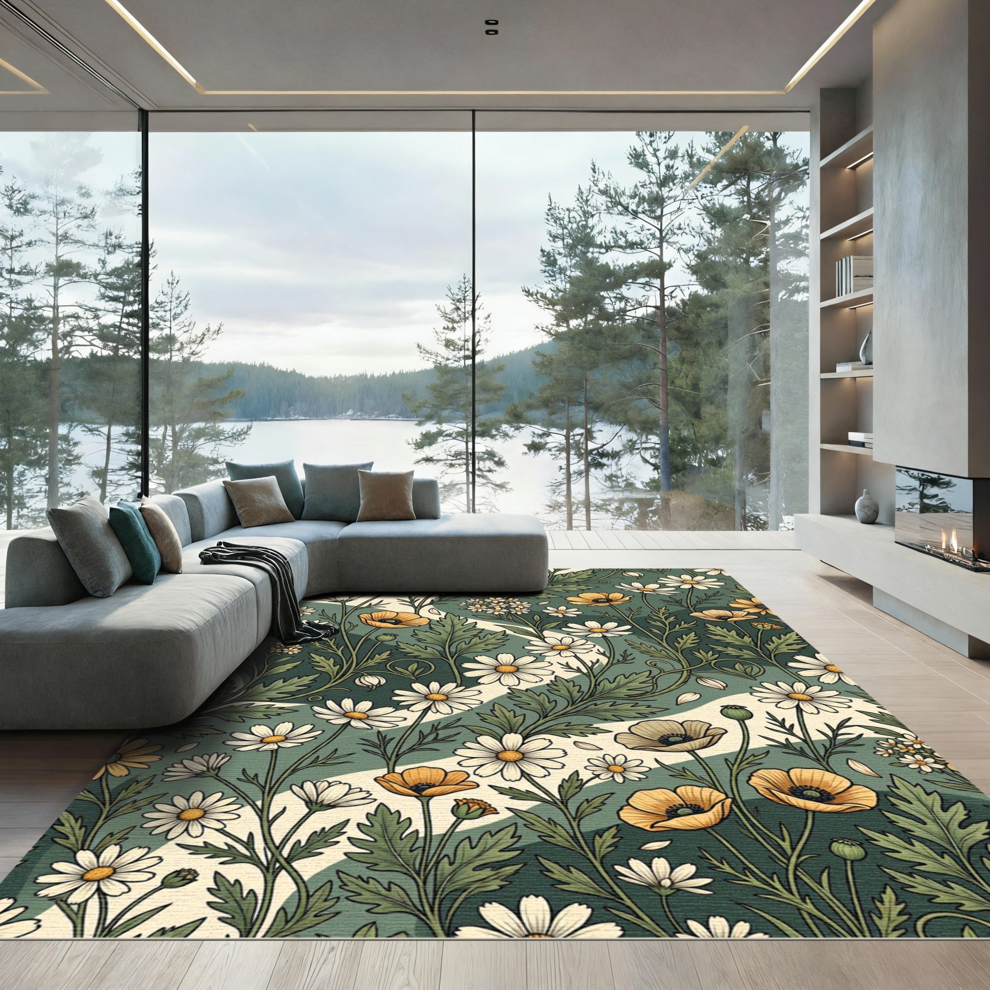 Earthy Green Floral Daisy Meadow Rug