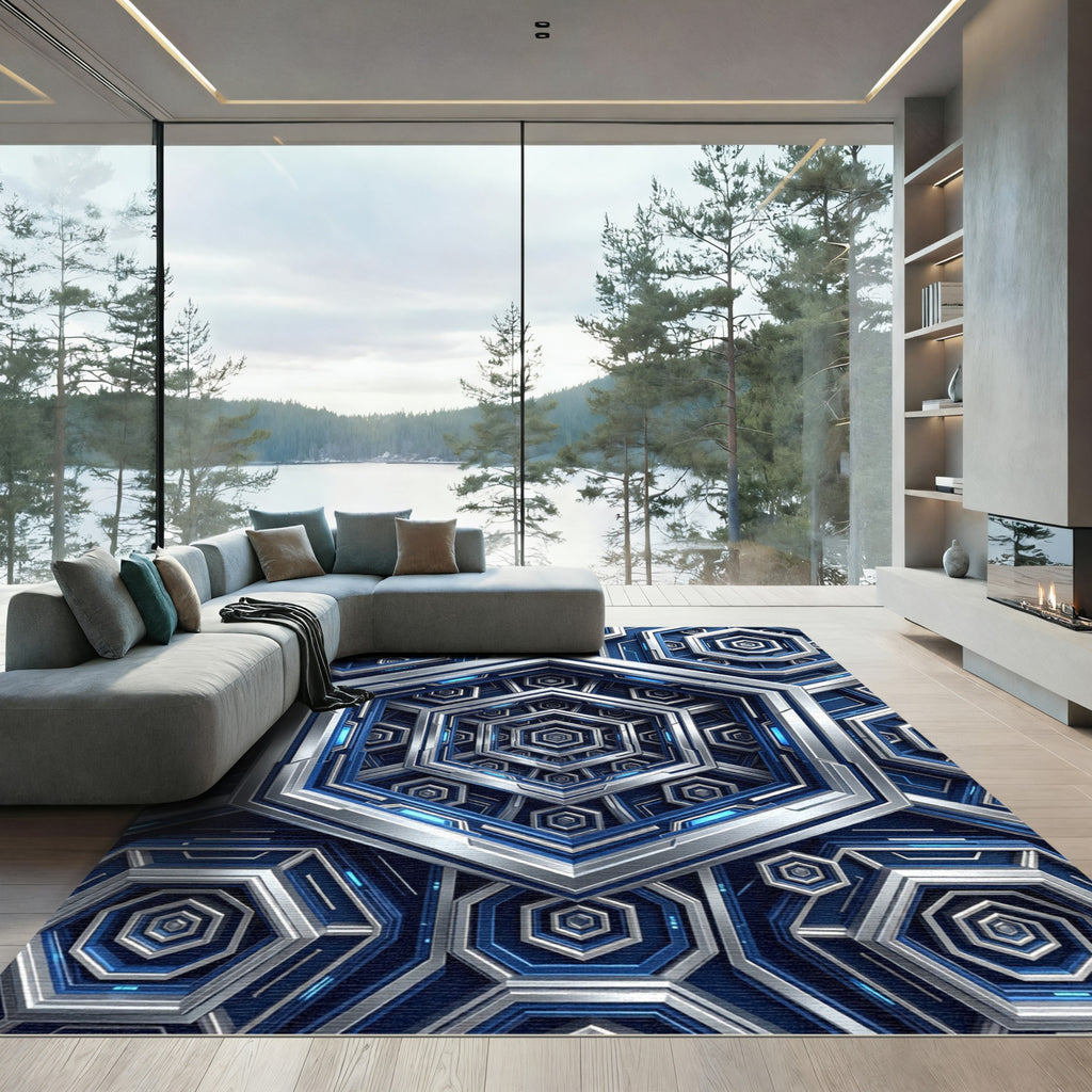 Futuristic Metallic Blue Geometric Hexagon Rug