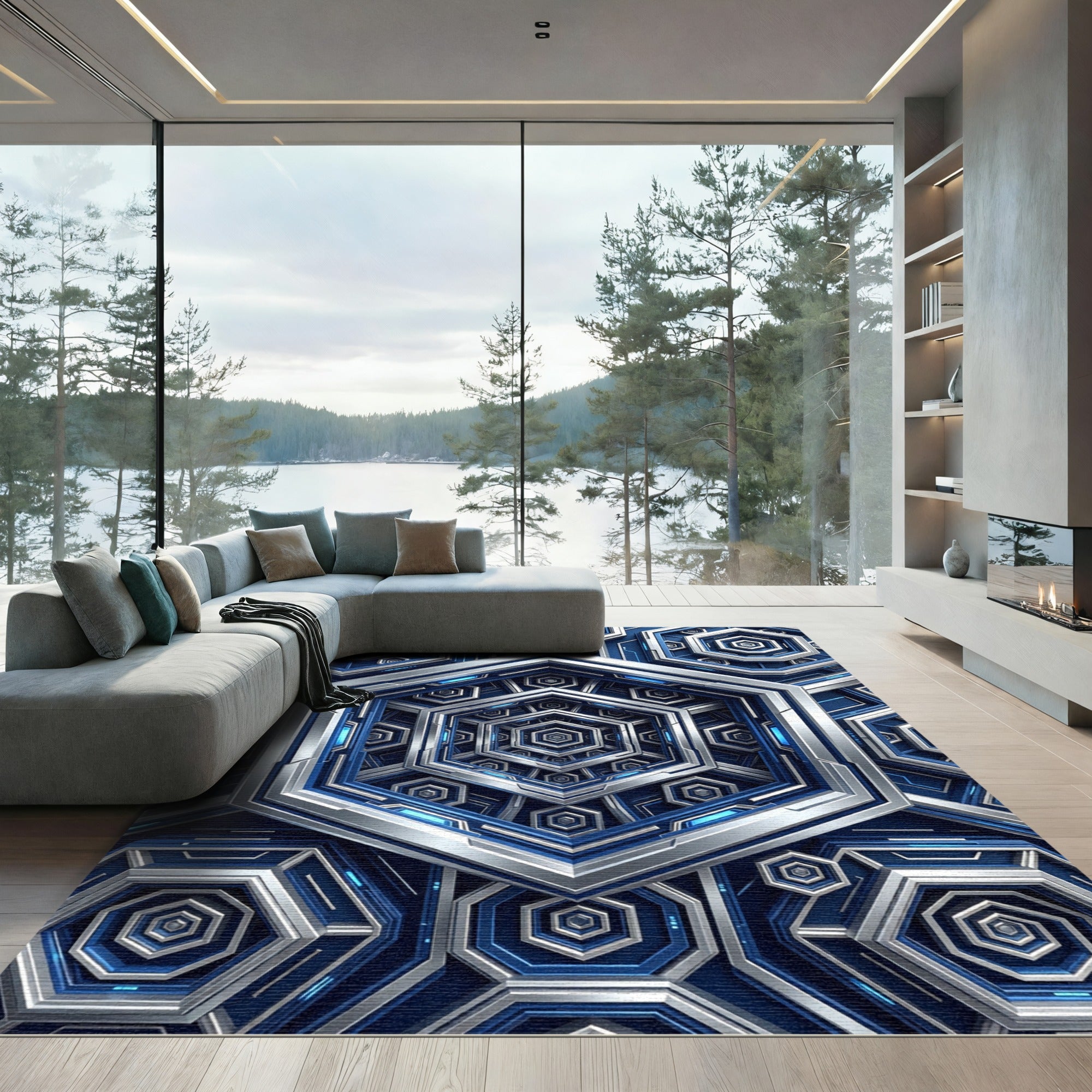 Futuristic Metallic Blue Geometric Hexagon Rug