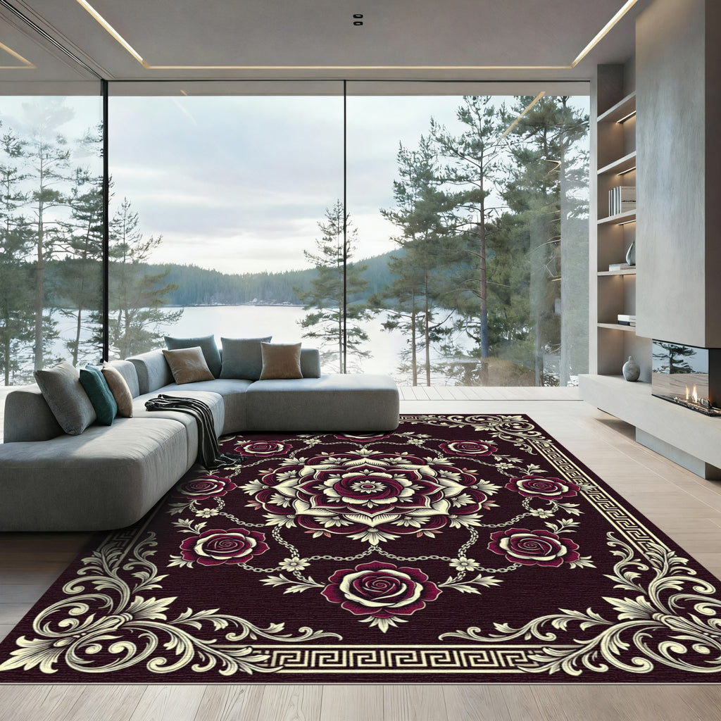 Ornate Burgundy Floral Medallion Chain Rug