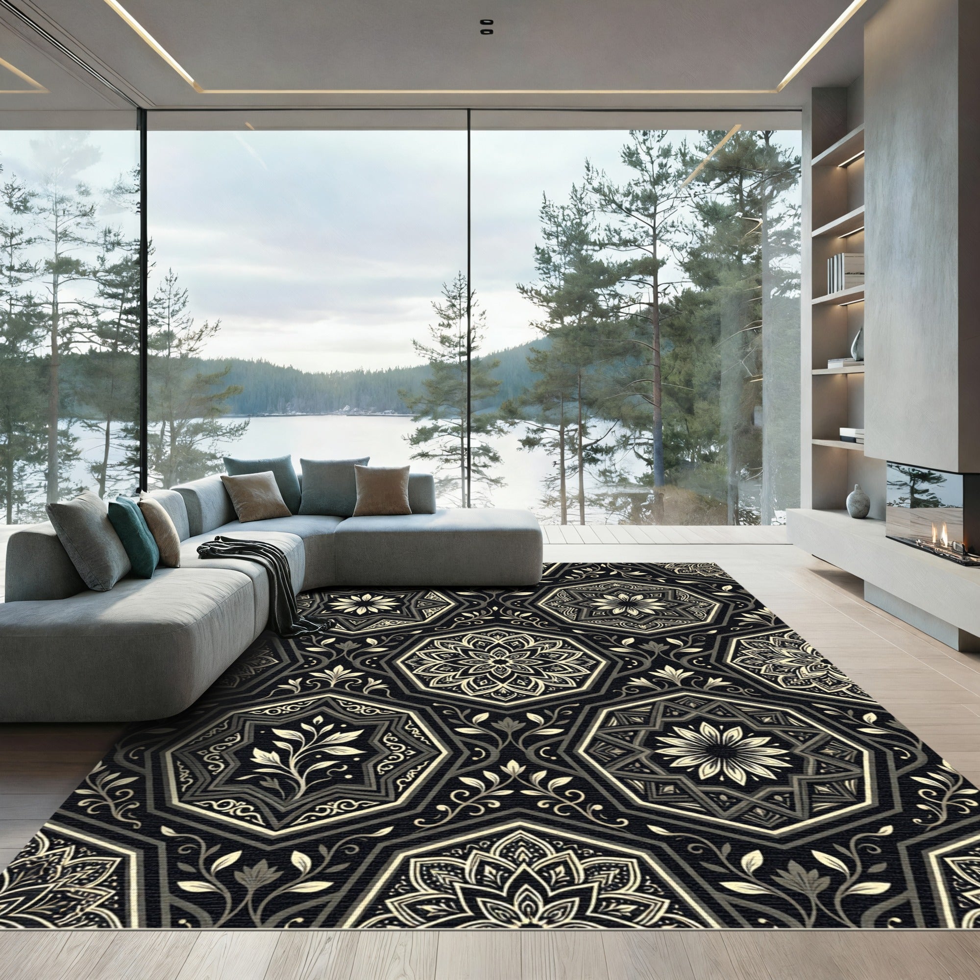Ornate Black and Gold Octagons Rug
