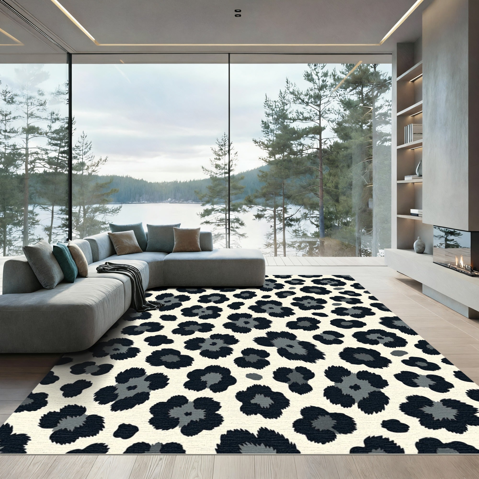 Modern Black and Gray Leopard Spot Rug