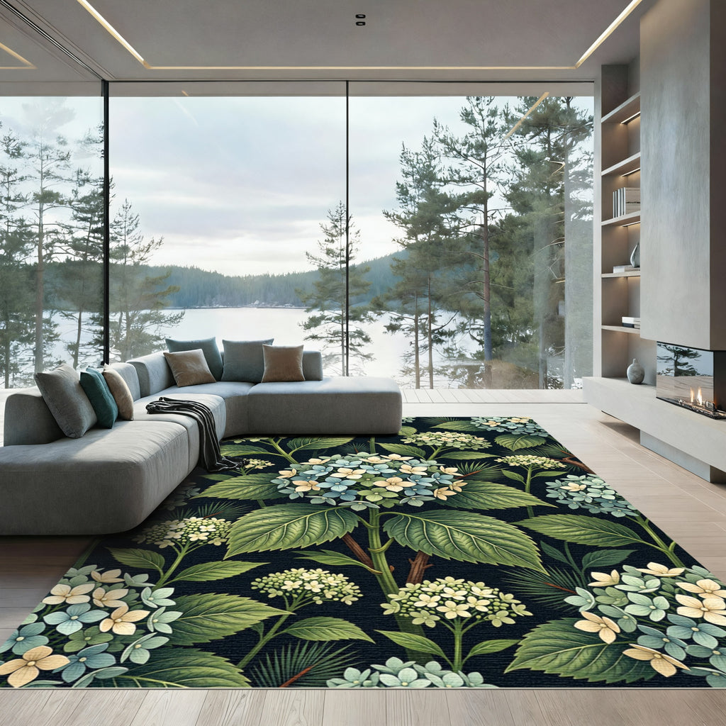 Botanical Hydrangea Floral Dark Accent Rug