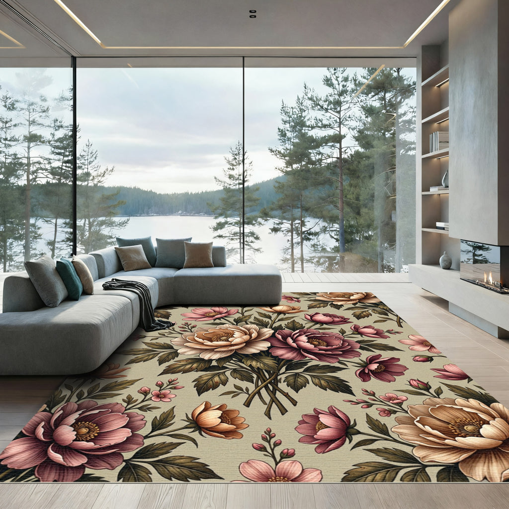 Elegant Peony Blossom Botanical Illustration Rug