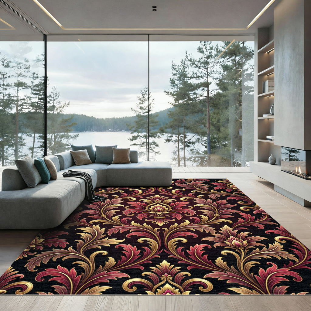 Ornate Burgundy and Gold Damask Rug