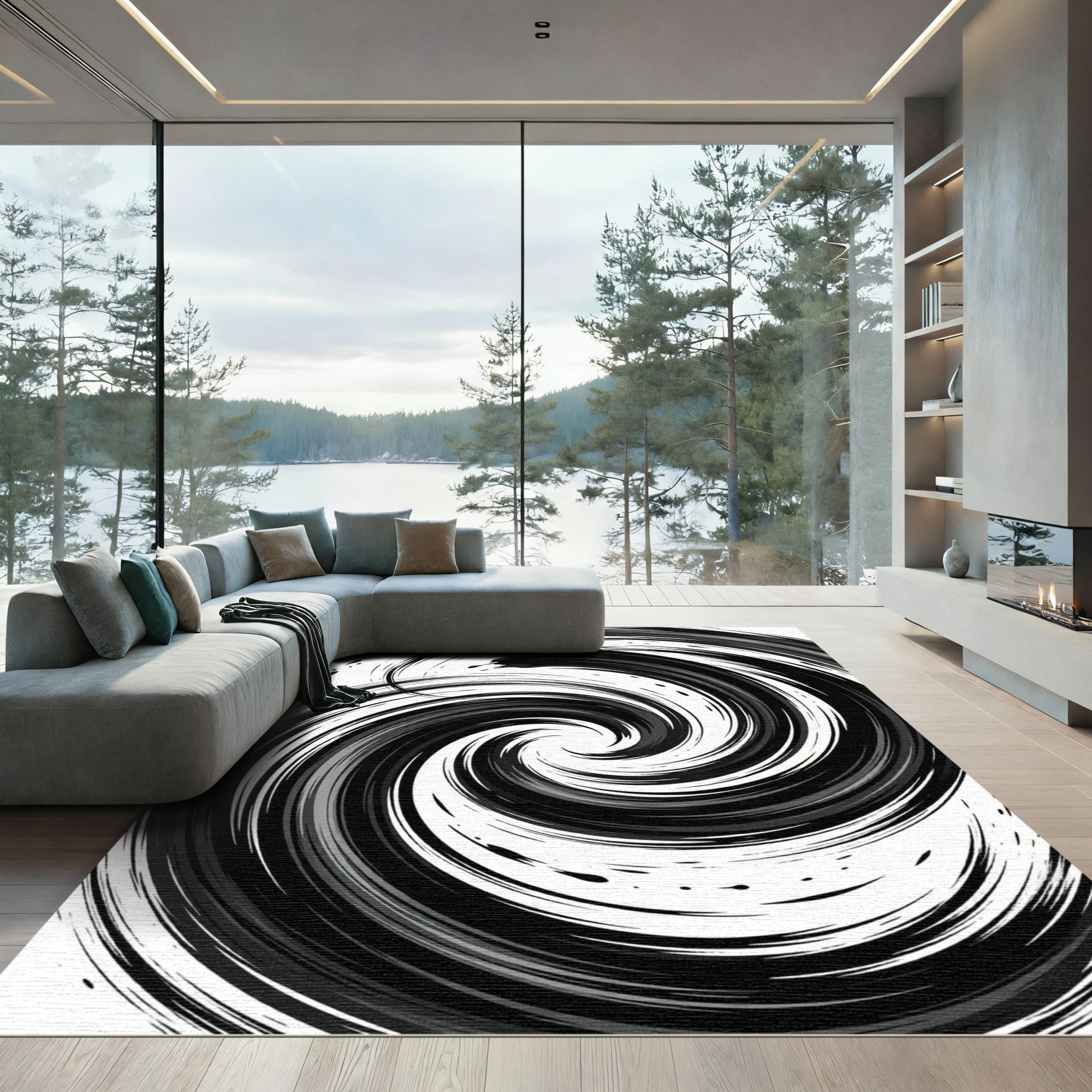 Monochromatic Swirl Abstract Ink Rug