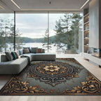 Ornate Gold Floral Charcoal Medallion Rug