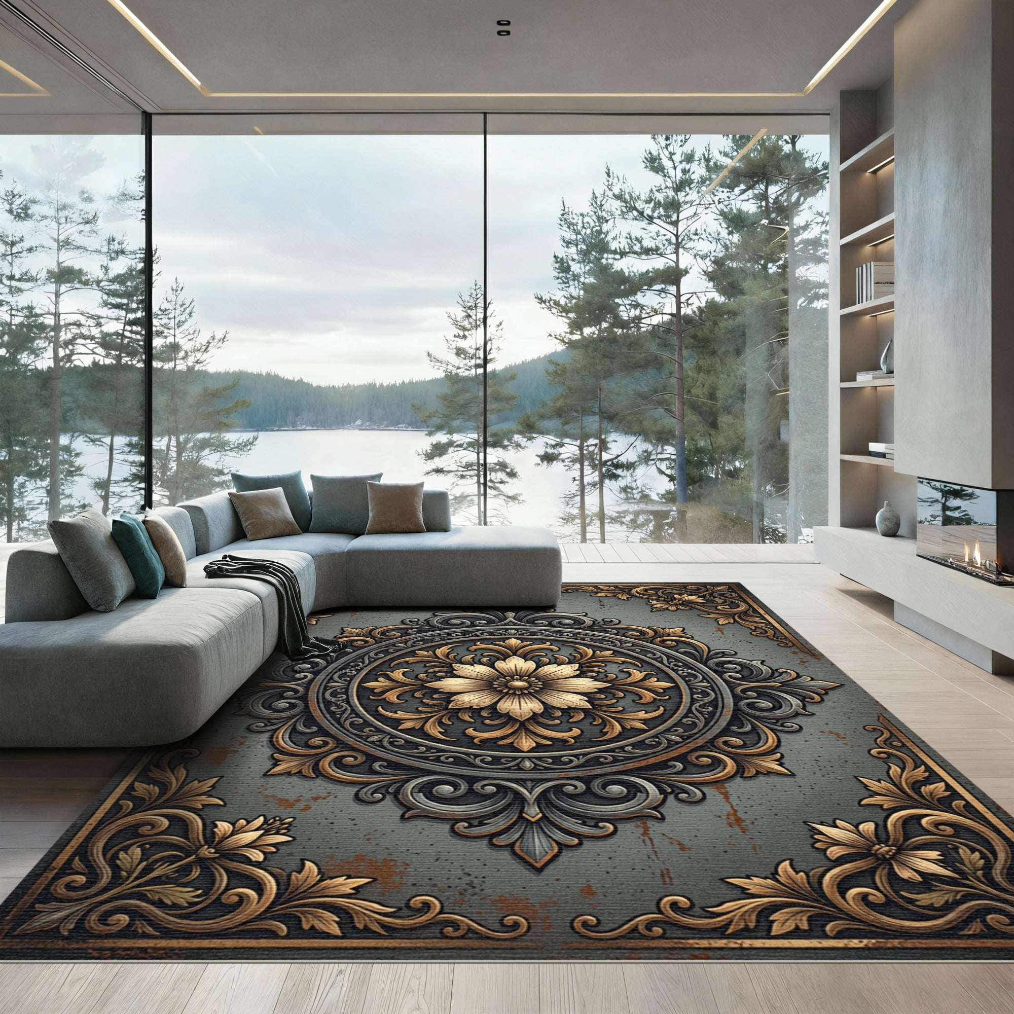 Ornate Gold Floral Charcoal Medallion Rug