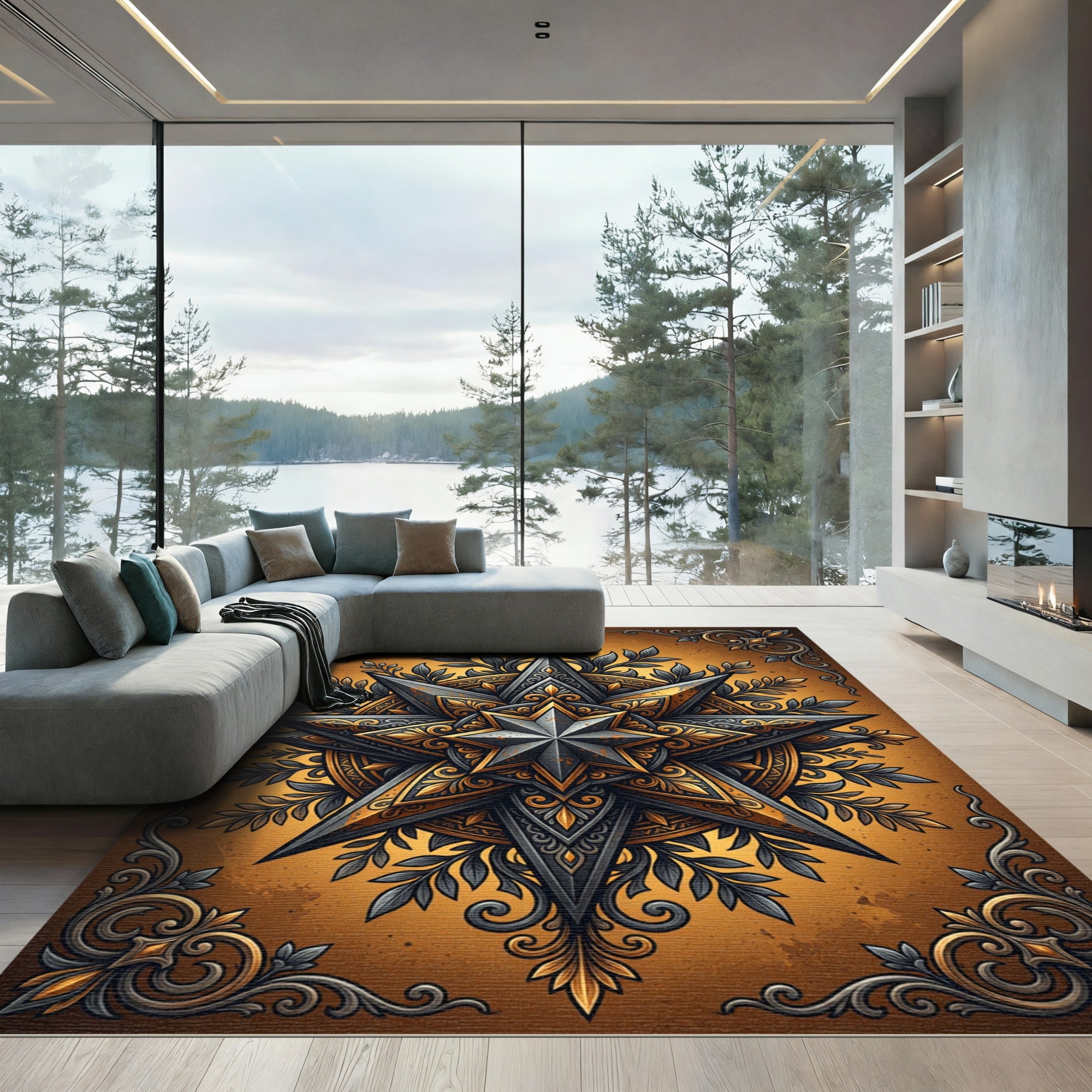 Gilded Star Medallion Antique Bronze Art Rug