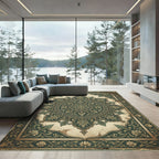 Vintage Forest Green Ornate Damask Medallion Rug