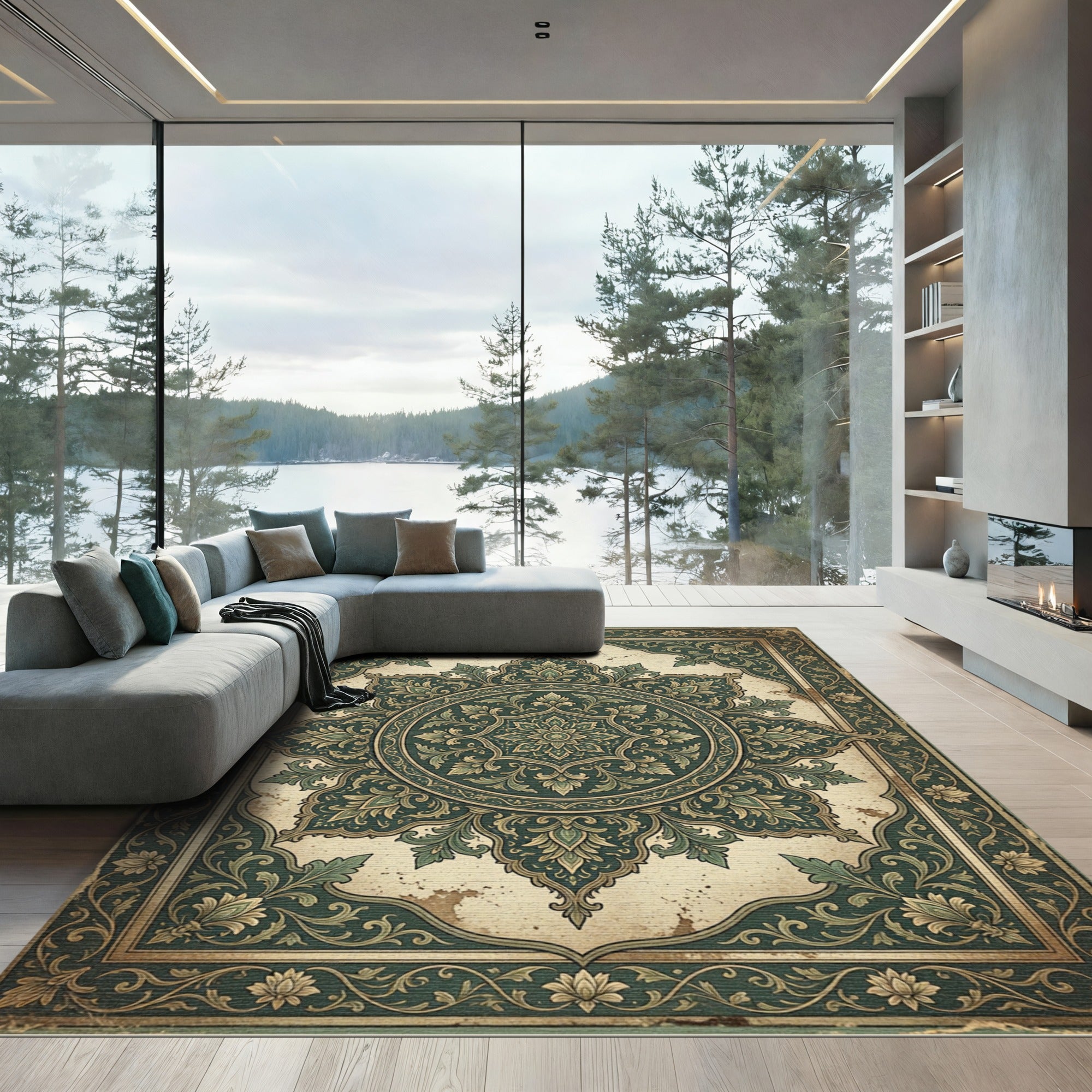 Vintage Forest Green Ornate Damask Medallion Rug