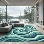 Contemporary Teal Swirling Ocean Wave Rug