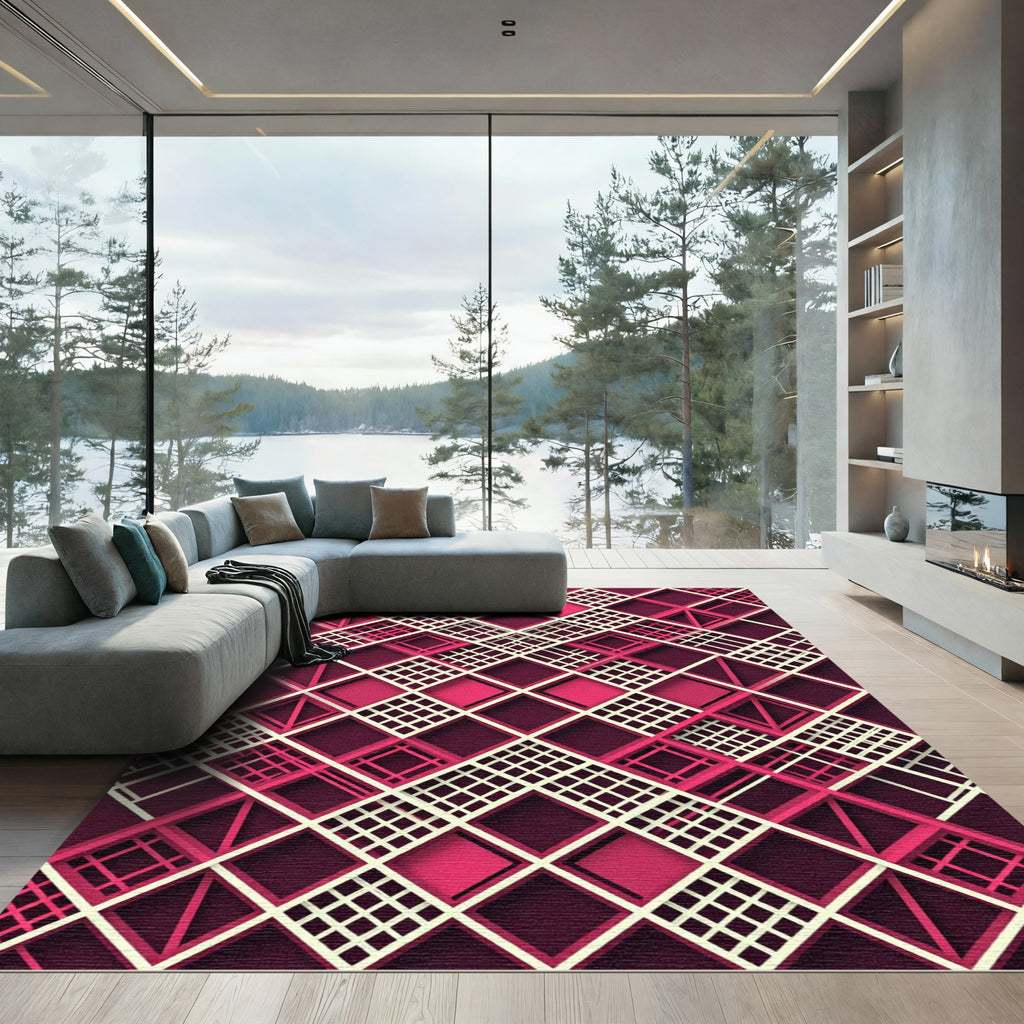 Modern Magenta Geometric Lattice Grid Rug