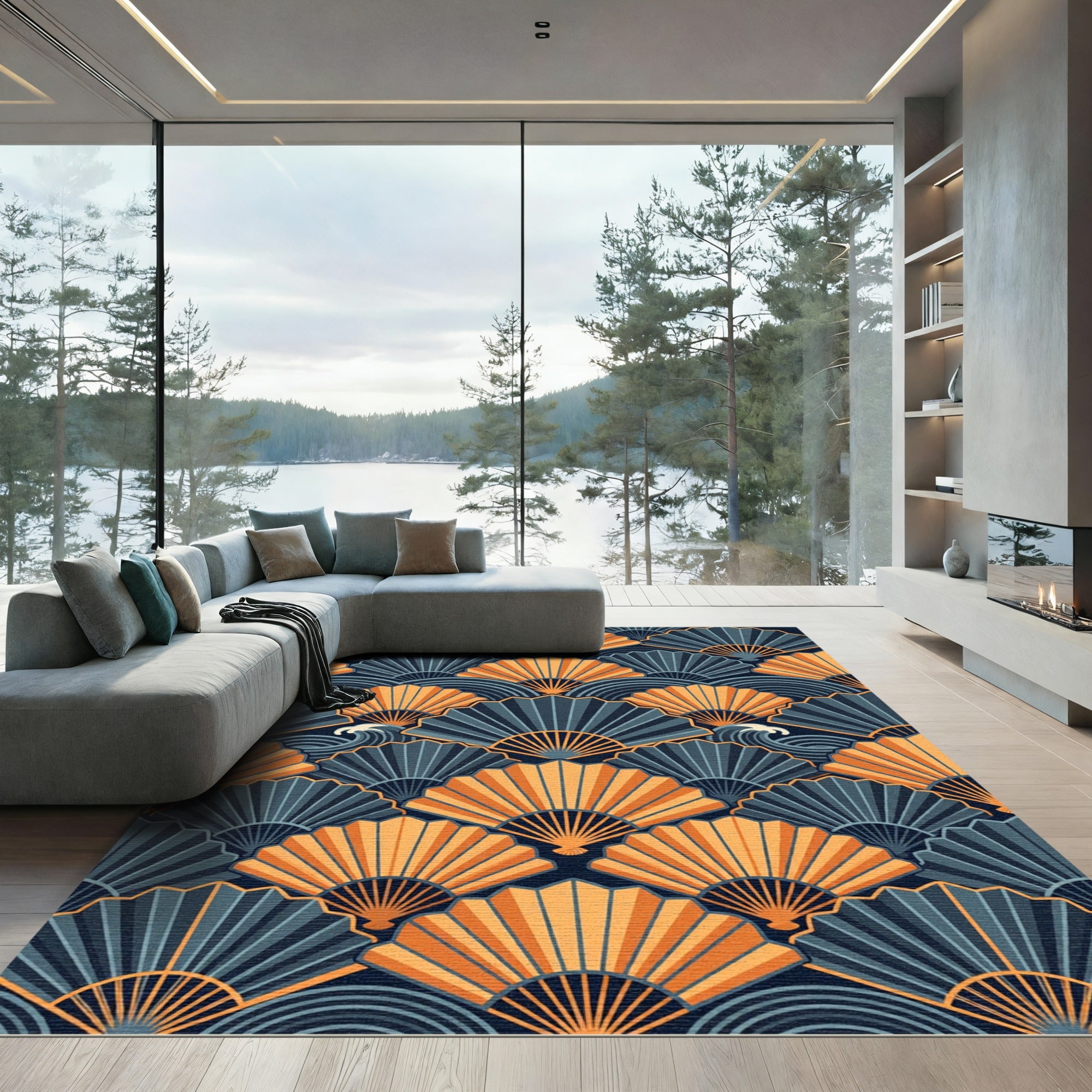 Golden Fan Waves in Navy Blue Rug