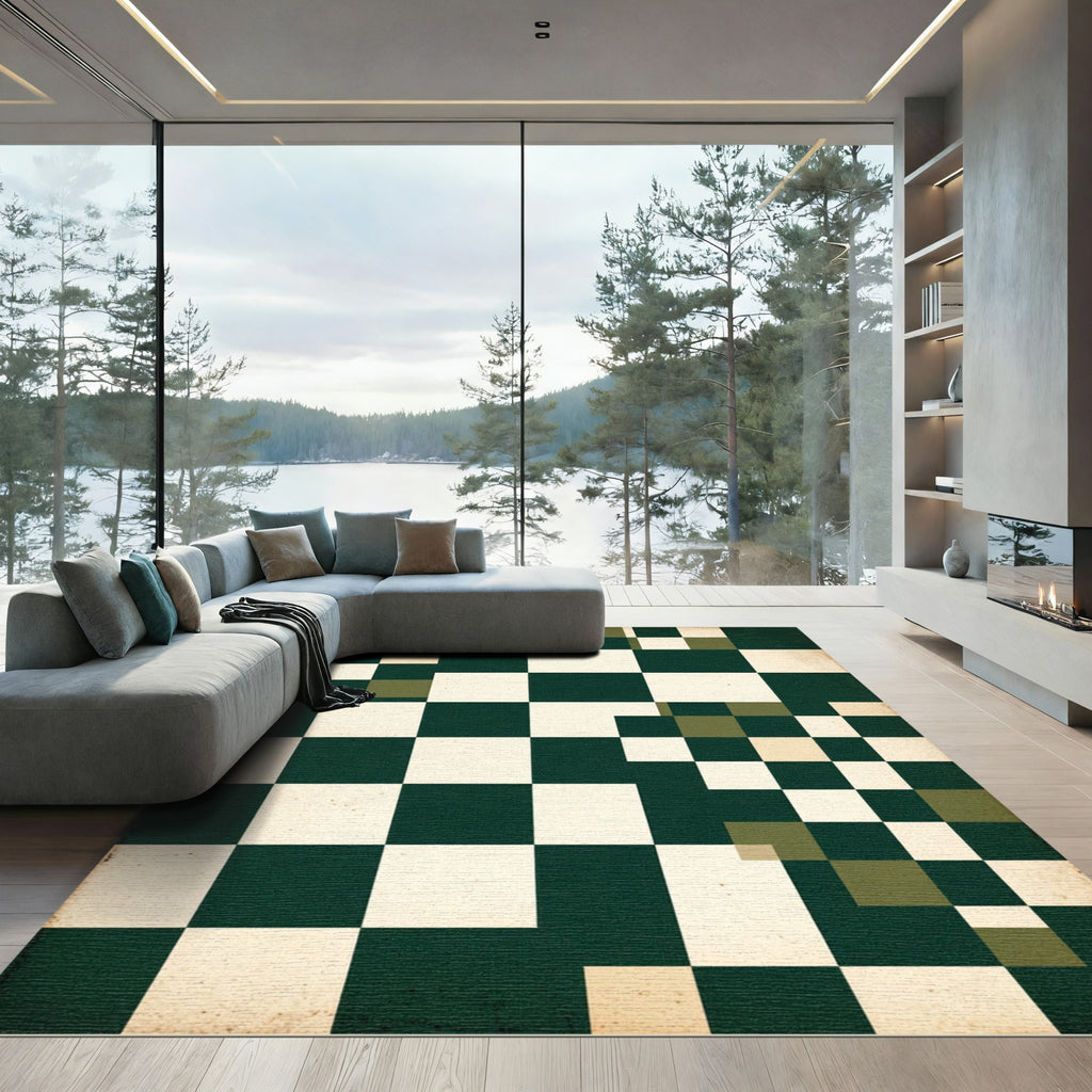Modern Forest Green Checkerboard Abstract Grid Rug