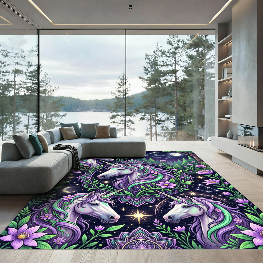 Mystical Purple Unicorn Celestial Floret Garden Rug
