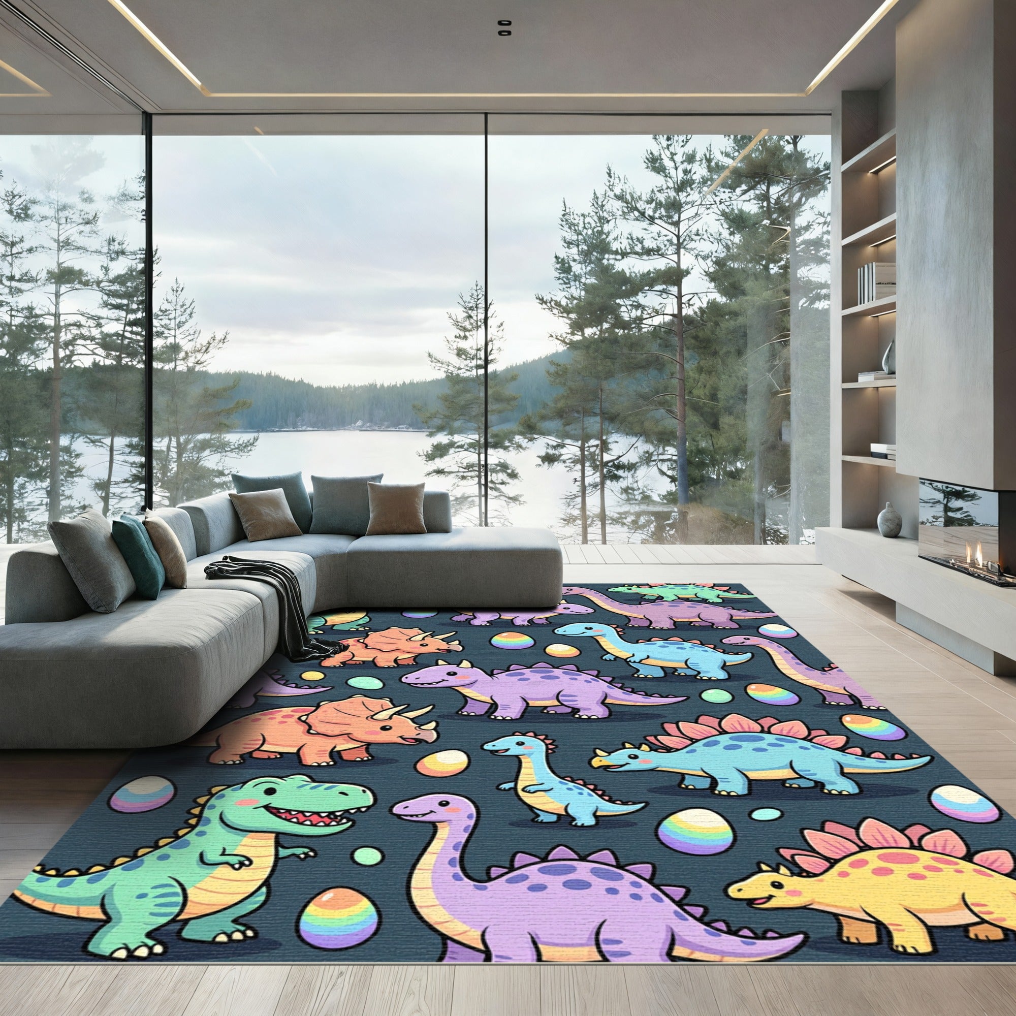Playful Pastel Dinosaur and Egg Illustration Rug