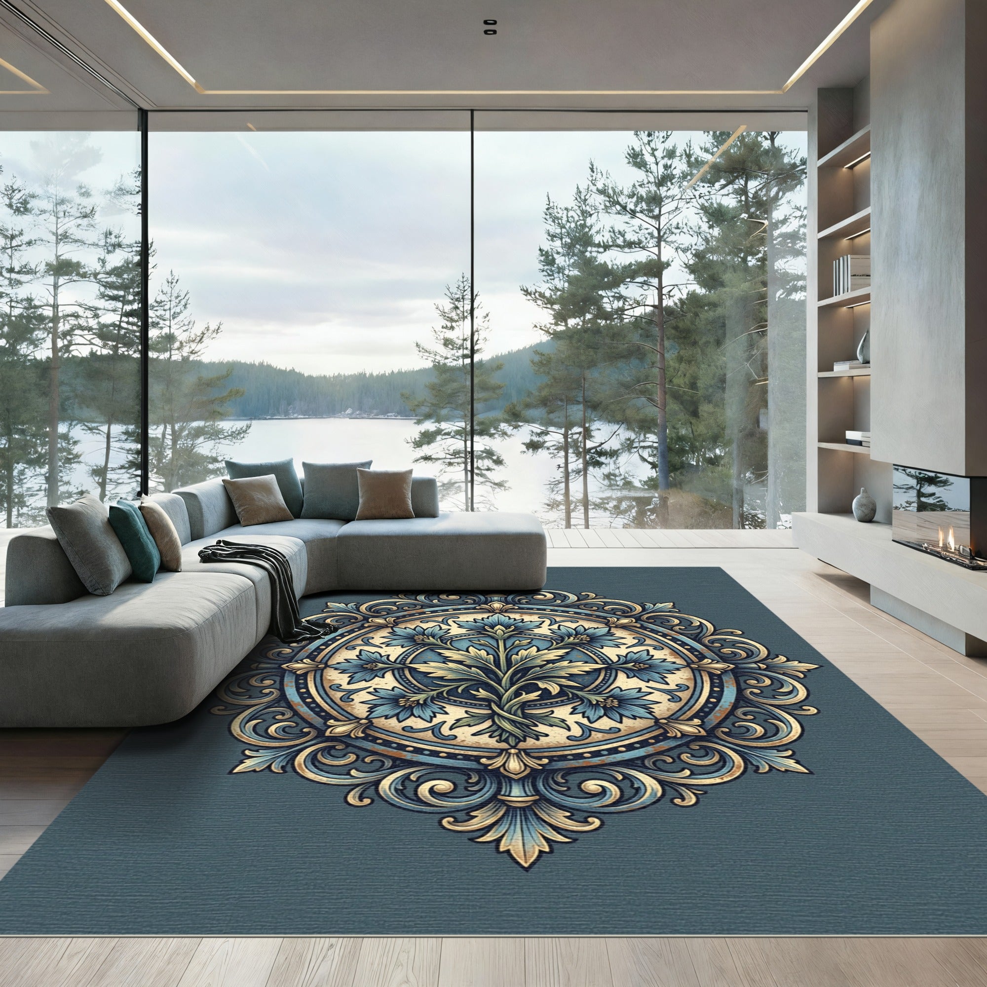 Ornate Blue Floral Medallion Rug