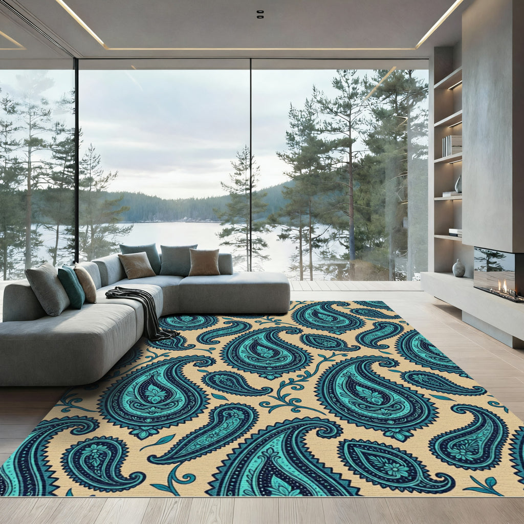Teal and Navy Paisley Scroll Tapestry Rug