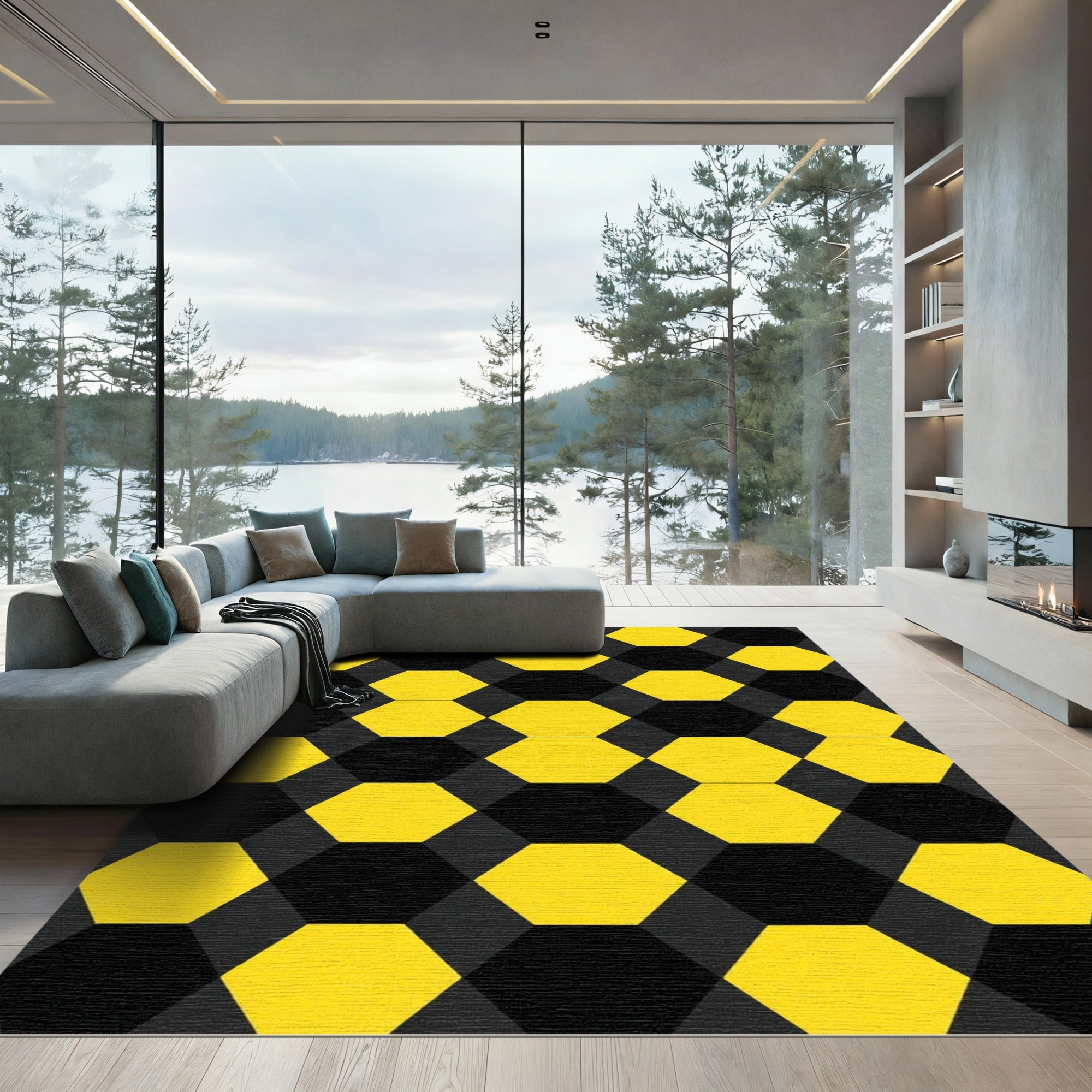 Bold Yellow and Black Geometric Hexagon Rug