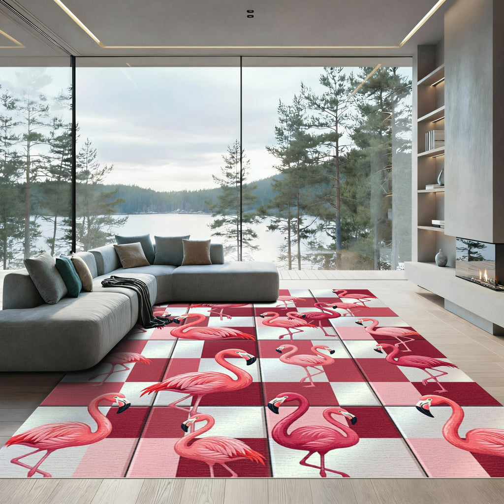 Vibrant Pink Flamingo Checkered Art Rug