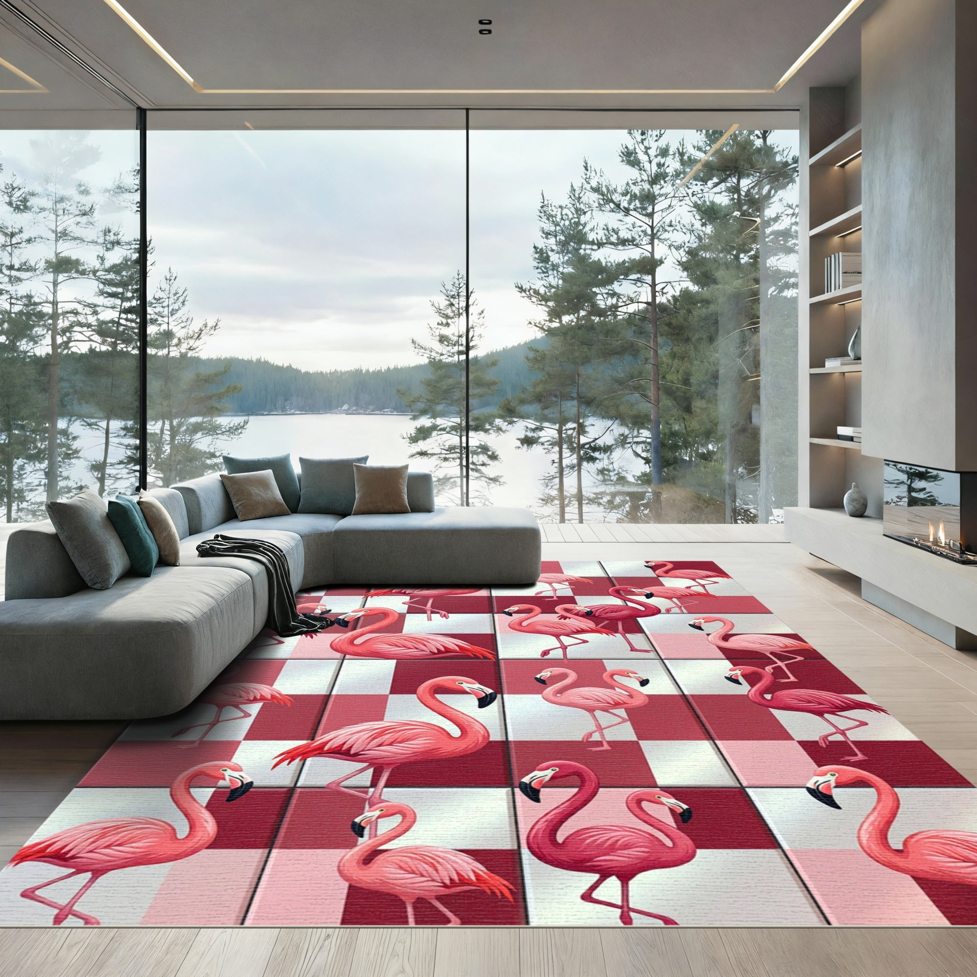 Vibrant Pink Flamingo Checkered Art Rug
