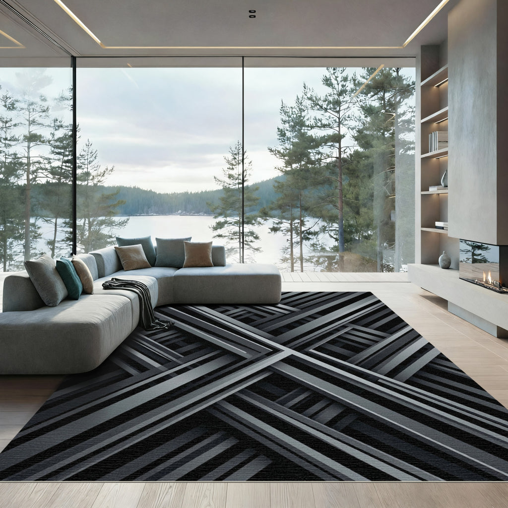 Monochromatic Geometric Intersecting Linear Art Rug
