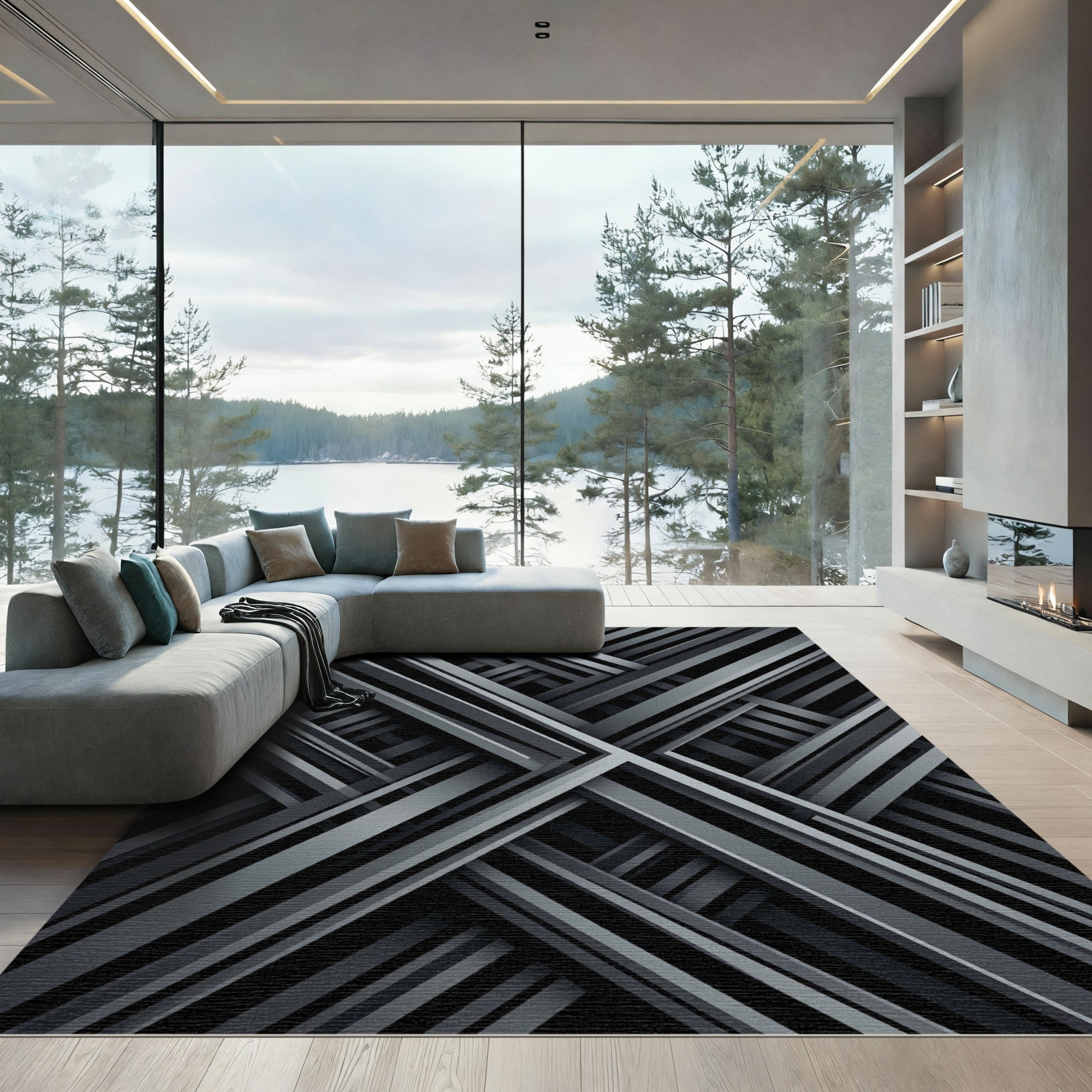 Monochromatic Geometric Intersecting Linear Art Rug