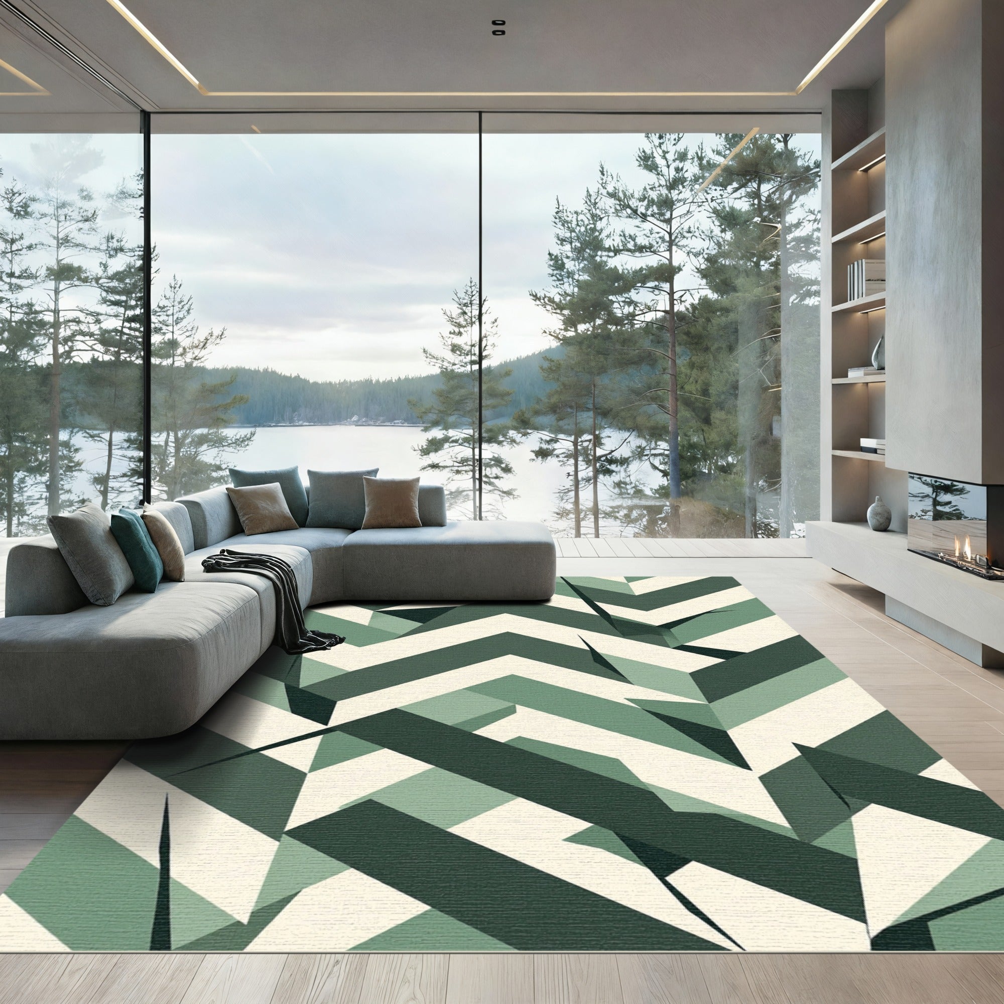 Modern Sage Green Geometric Chevron Rug