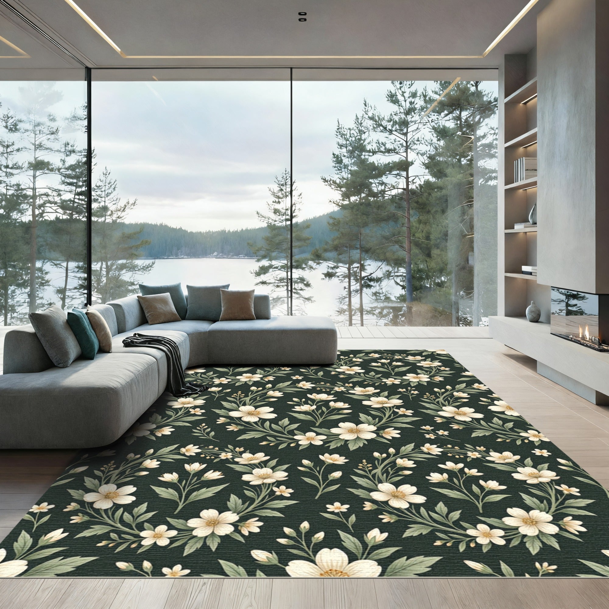 Dark Forest Floral Wreath Meadow Rug