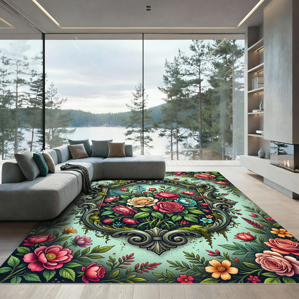 Ornate Floral Frame Vintage Garden Rug