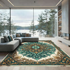 Elegant Teal and Gold Baroque Medallion Rug