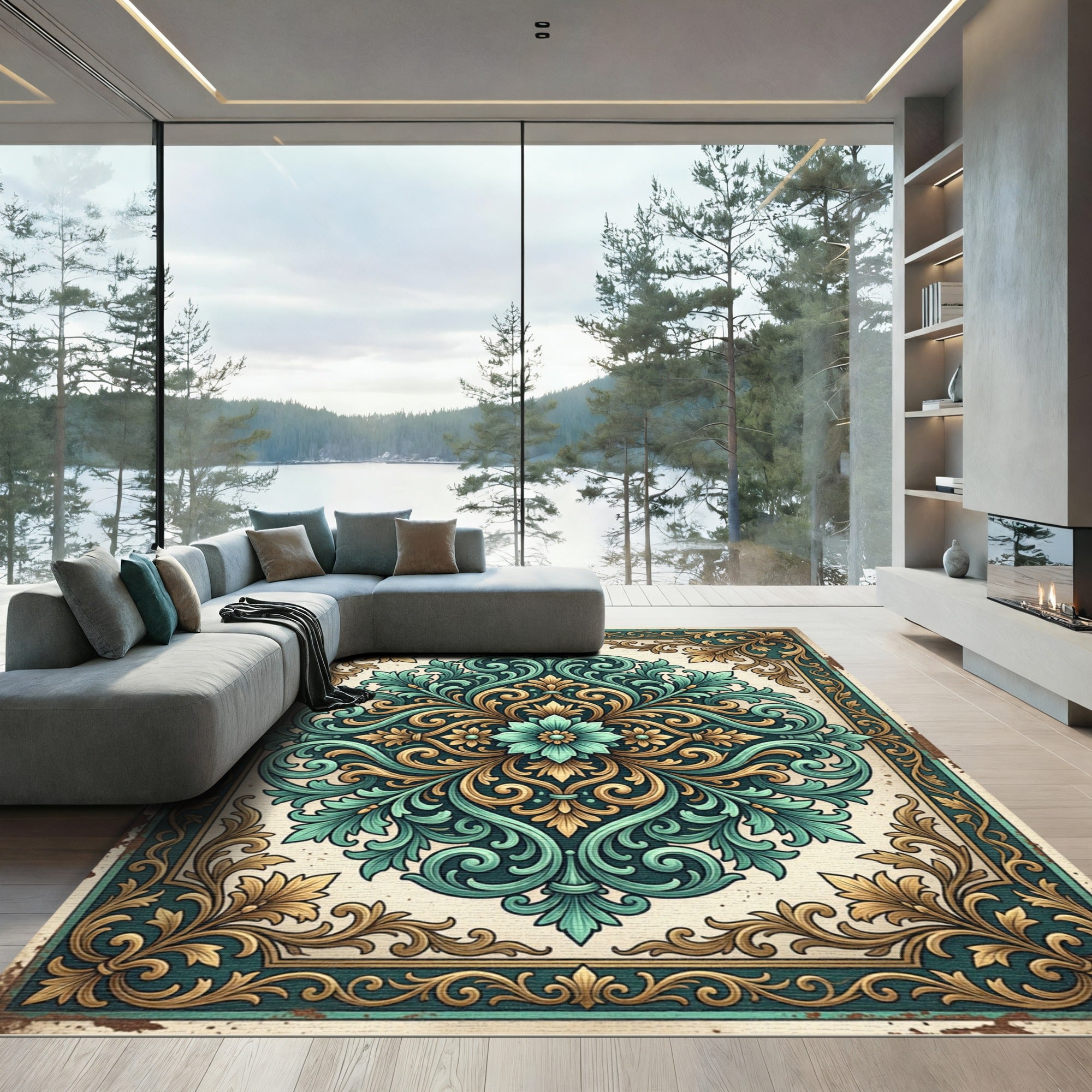 Elegant Teal and Gold Baroque Medallion Rug