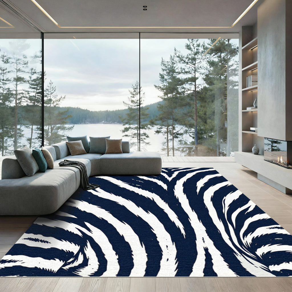 Deep Blue White Zebra Stripe Rug