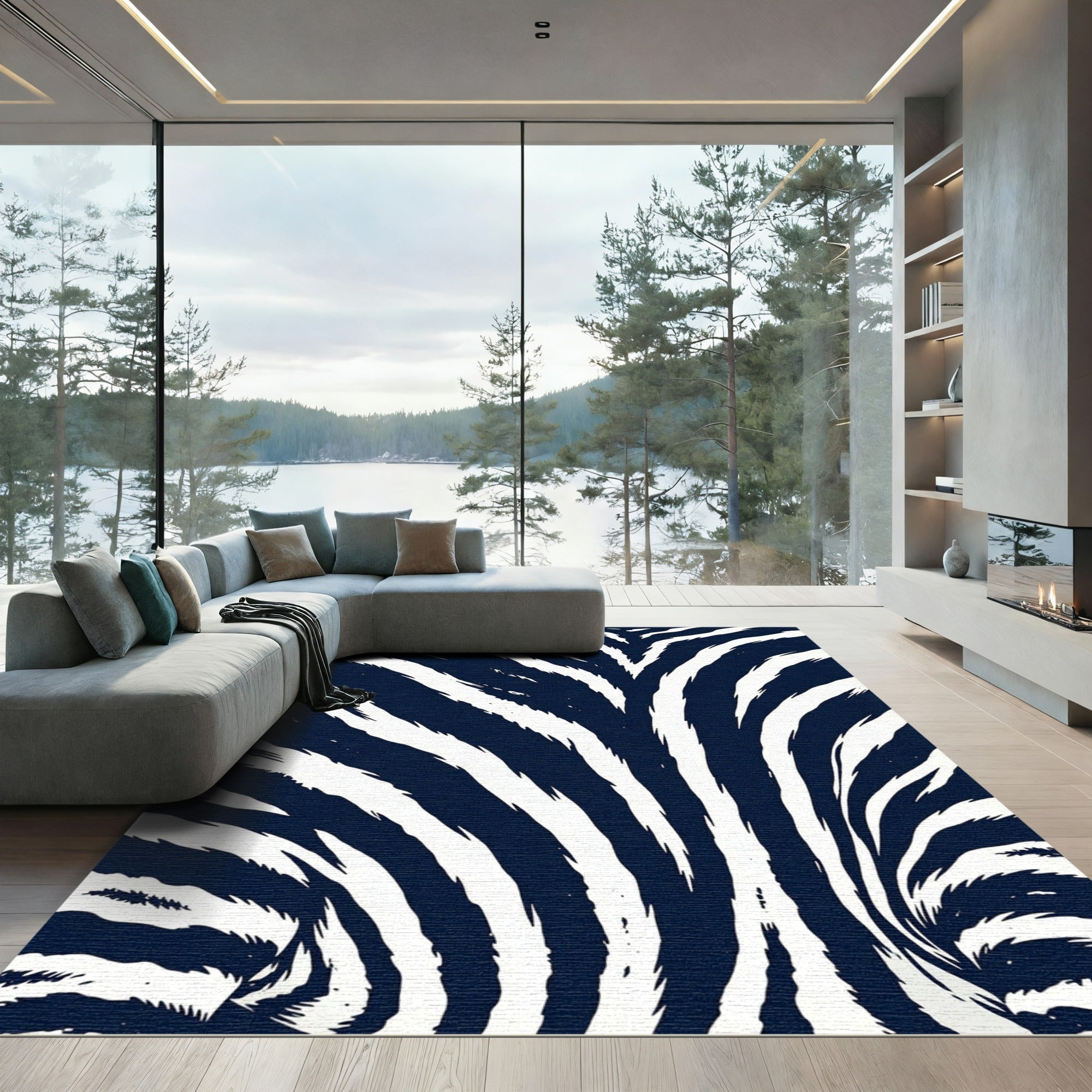 Deep Blue White Zebra Stripe Rug