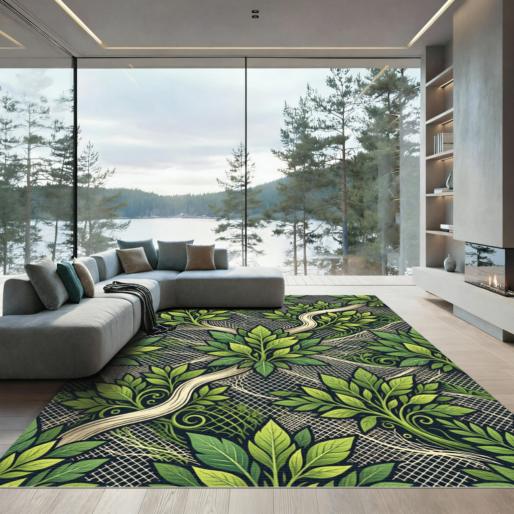 Lush Green Tropical Foliage Botanical Cream Lattice Rug