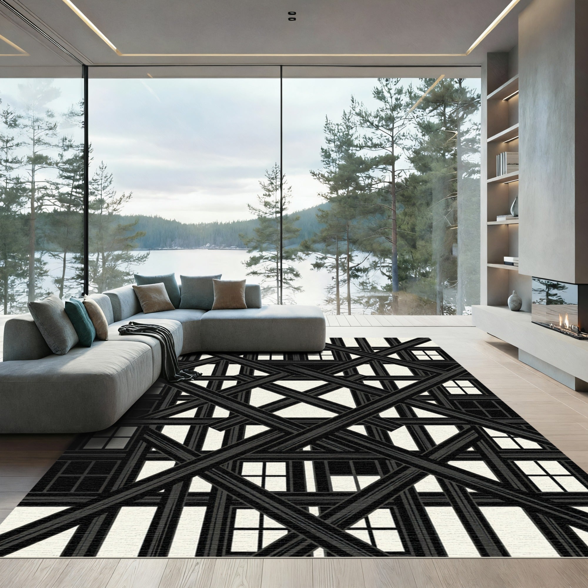 Black White Overlapping Lattice Rug