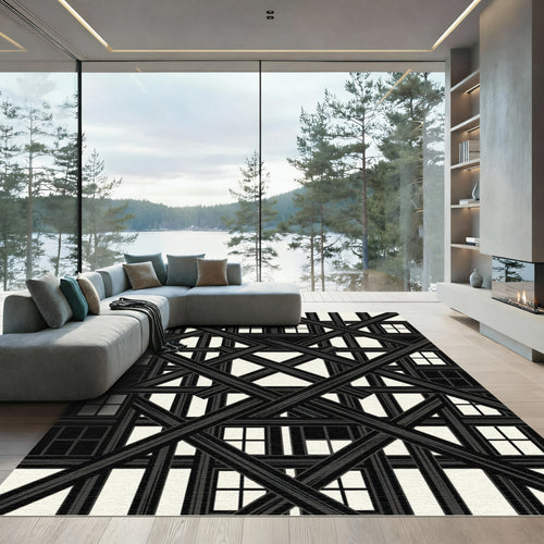 Black White Overlapping Lattice Rug