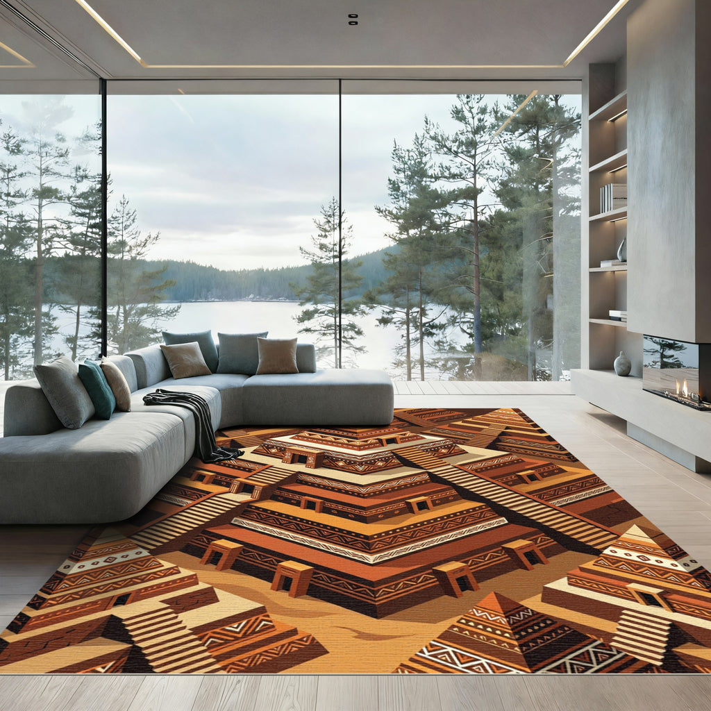 Terracotta Aztec Step Pyramid Geometric Rug